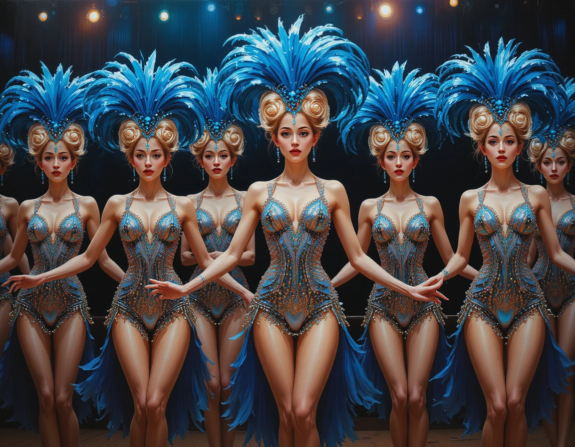 Cabaret dancers in feathered headdresses performing on stage