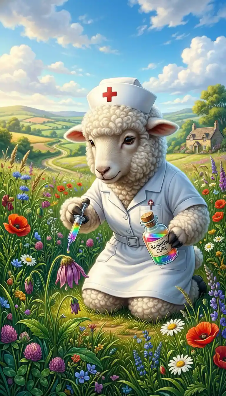 Cute nurse sheep giving rainbow medicine to a flower