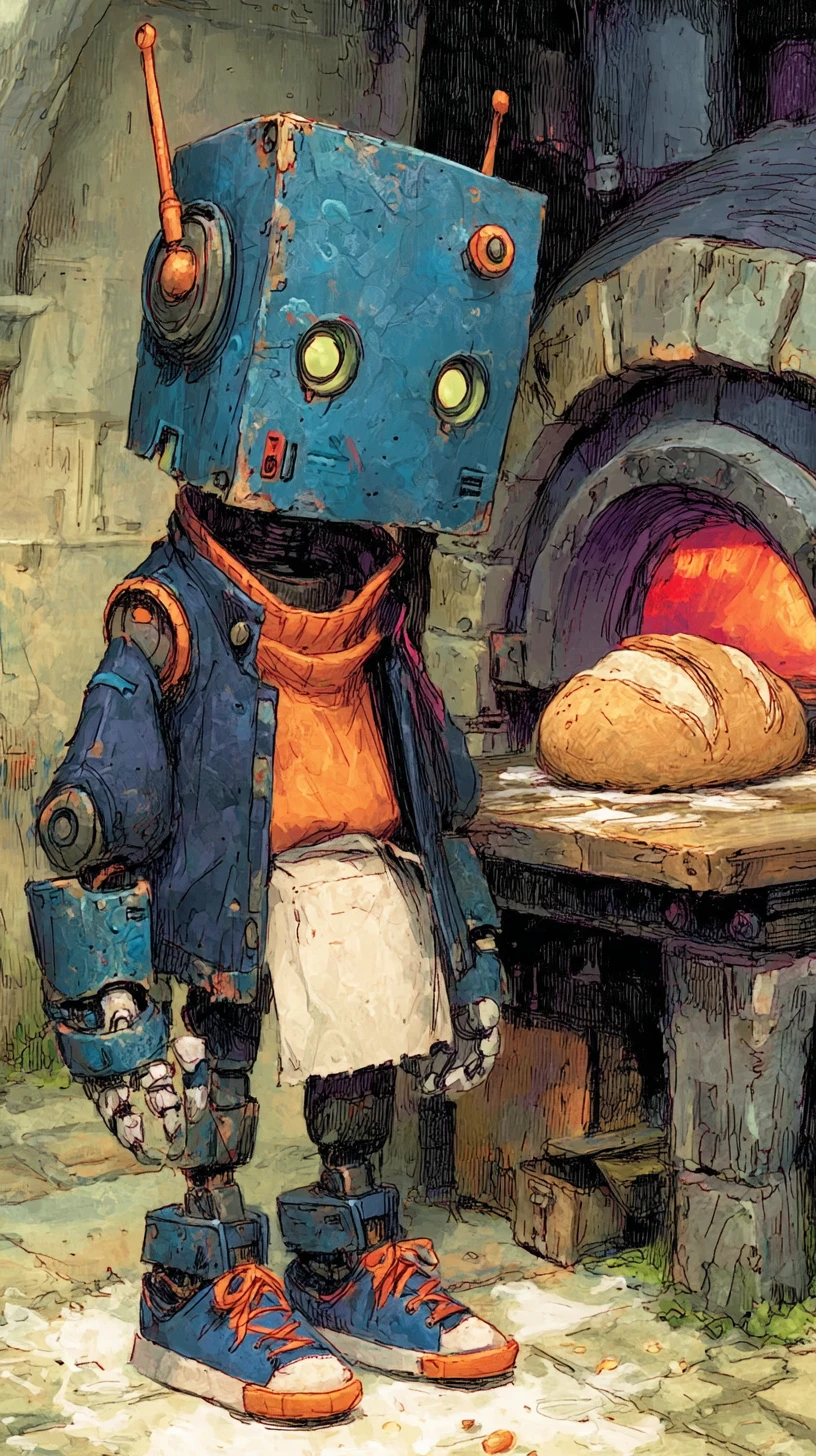 Melancholic robot baker kneading bread in warm bakery