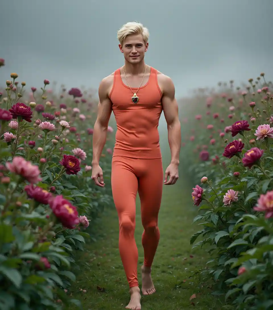 Joyful blond young man walking through a summer field
