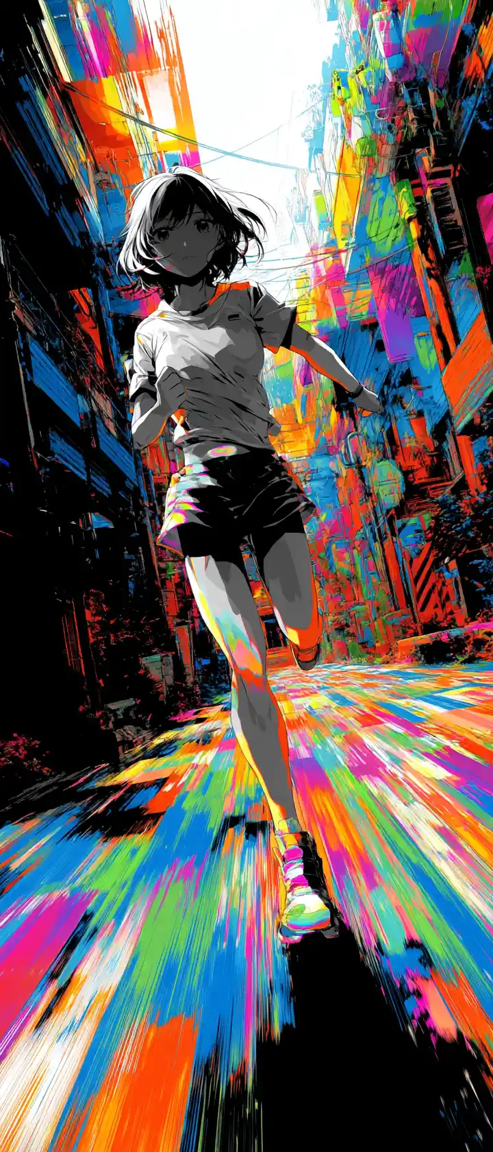 Anime runner in color sprinting past monochrome echoes