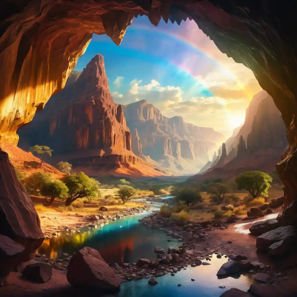 Massive cave opening onto a glowing paradise canyon valley