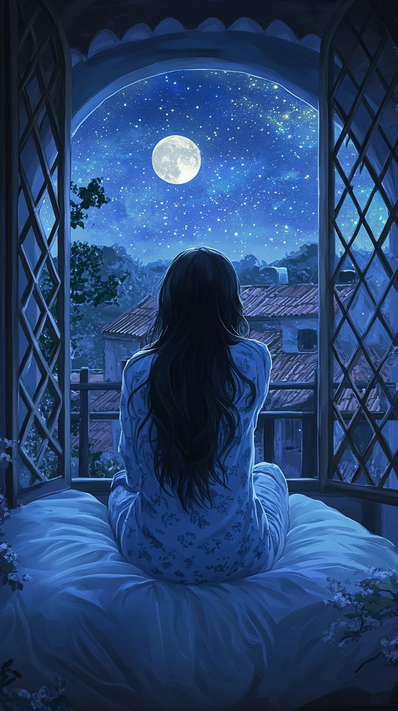Girl in soft pajamas gazing at a moonlit night sky