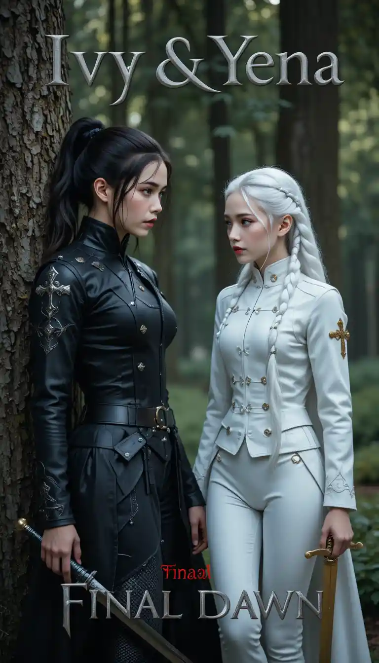 Two warrior women facing each other in a quiet forest