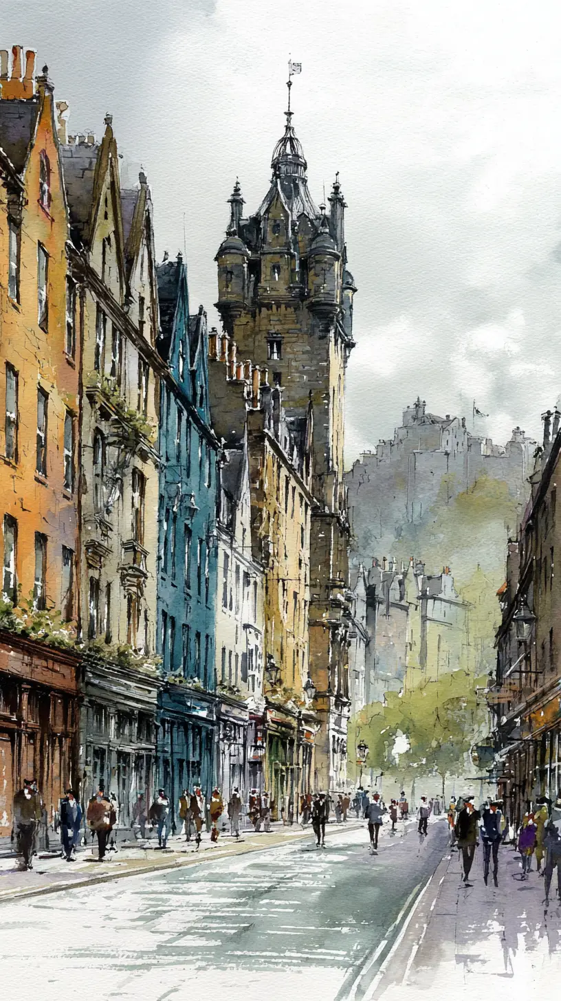 Watercolor view of Edinburgh old town and castle skyline