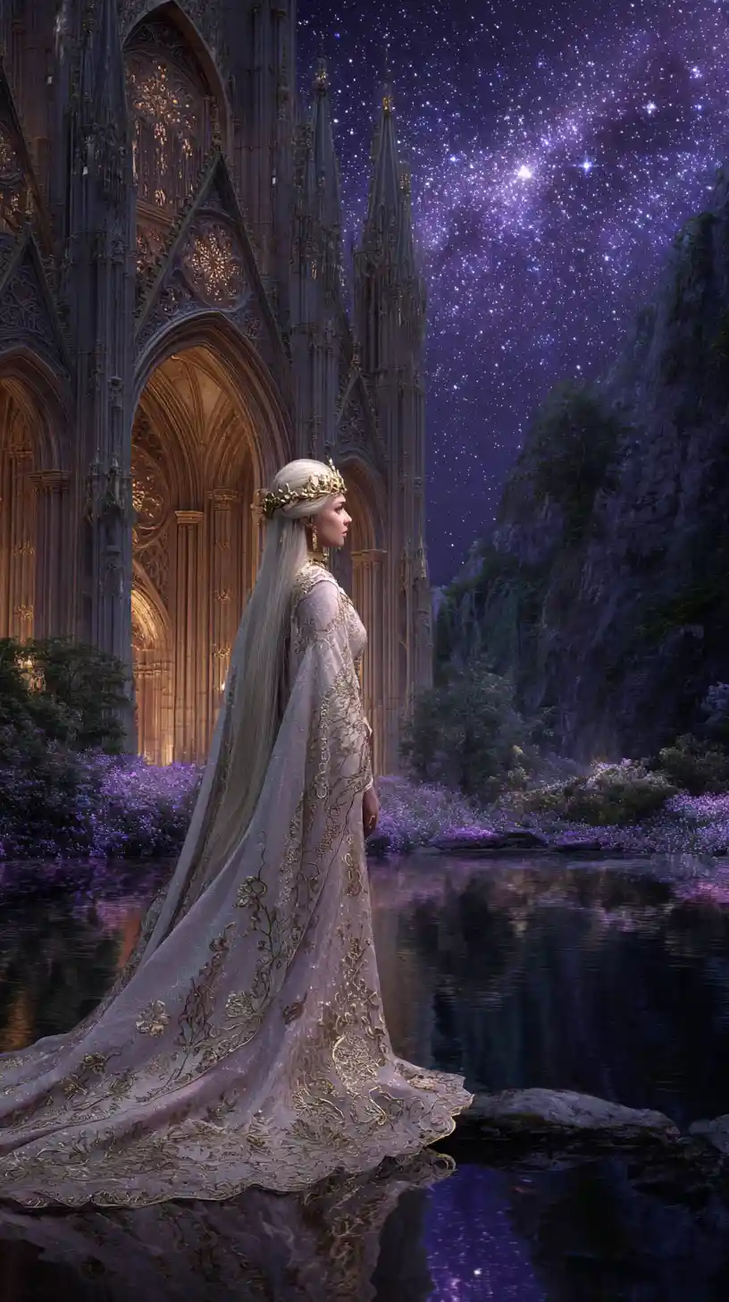 Elven queen by a moonlit river before gothic cathedral