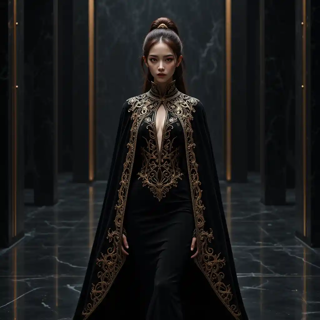 Regal Korean woman in black velvet cape dress