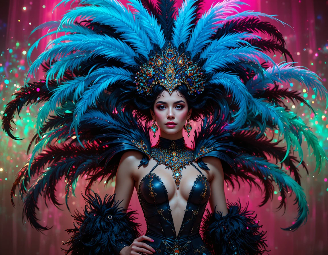 Carnival woman in feathered costume with bold colorful lighting