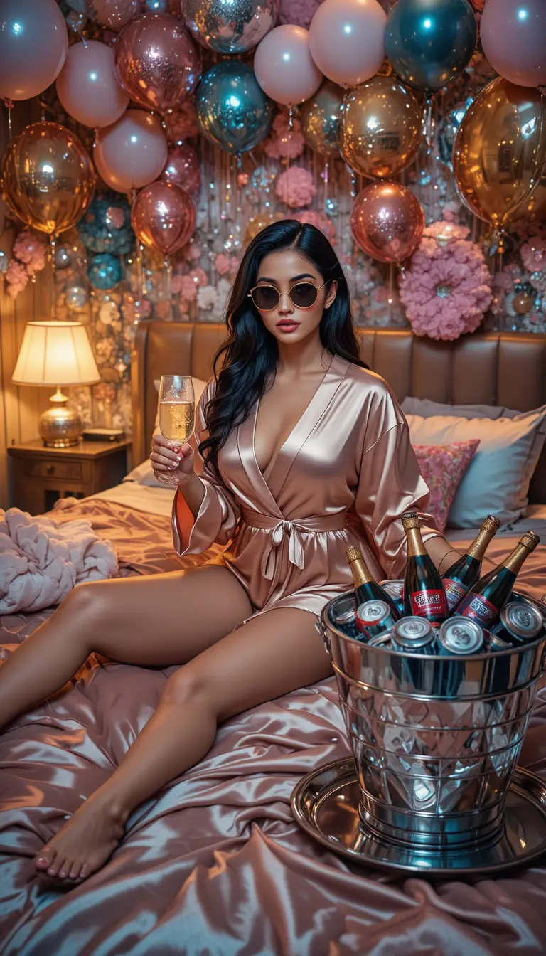 Donna glamour che posa in una finta camera di motel di lusso