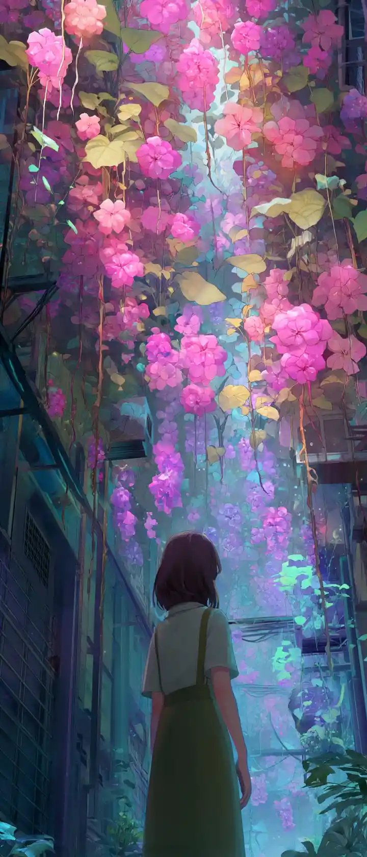 Anime florist tending glowing flowers in a narrow alley