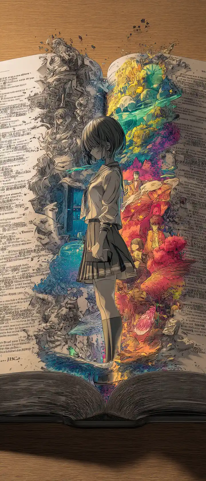 Anime girl reading as her book splits words and living color
