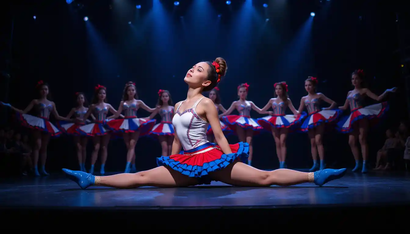 Can can dancer in split pose on dramatic theater stage