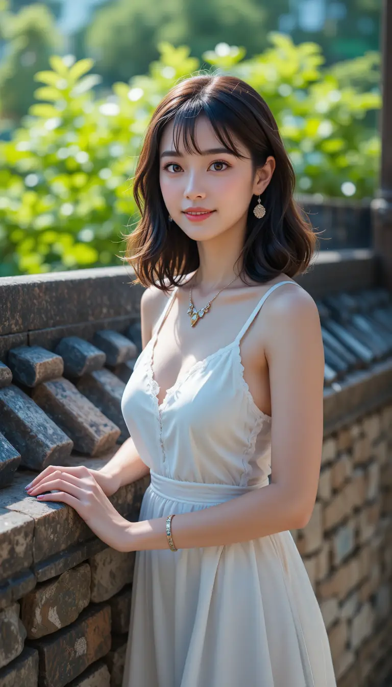 Young woman in white dress by traditional stone wall