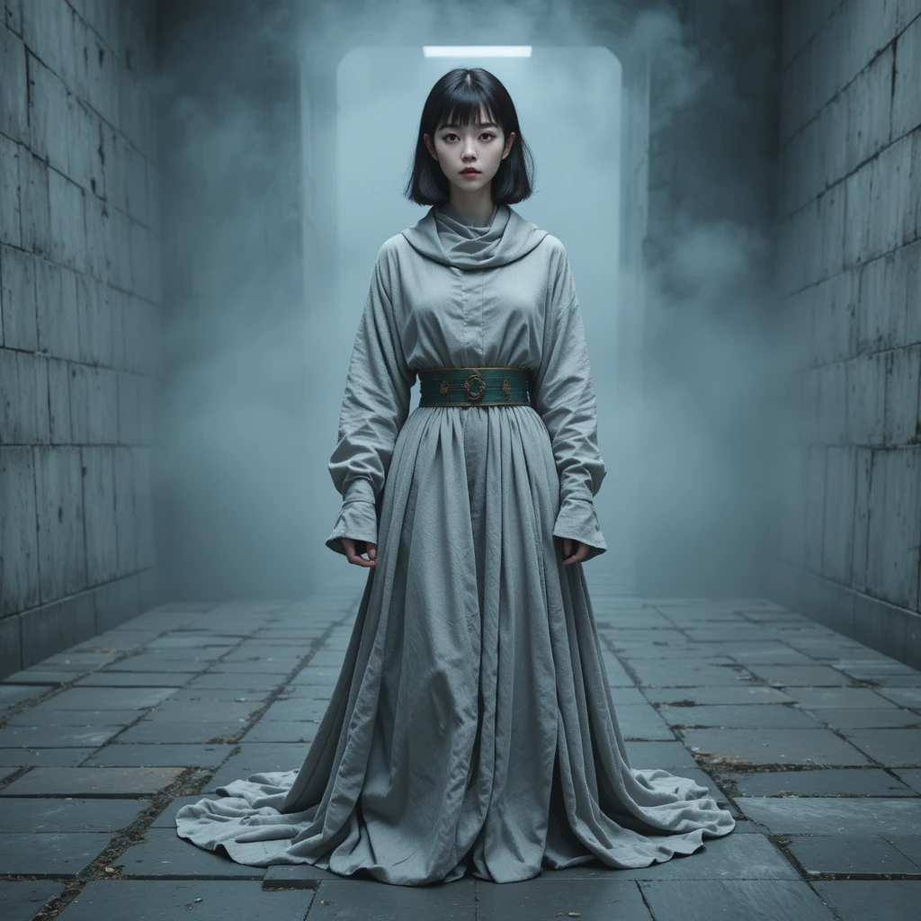 Stoic Korean woman in grey cowl neck linen gown