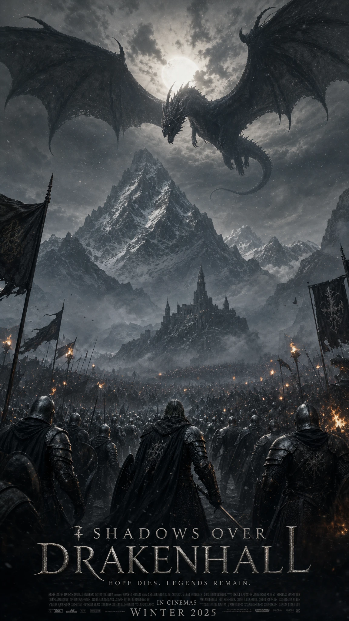 Massive fantasy armies clash beneath a circling black dragon