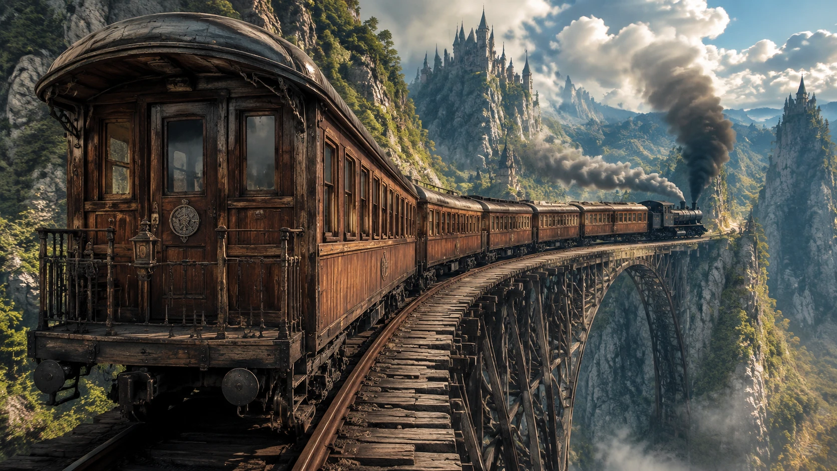 Steam train curving across a wooden bridge between mountains