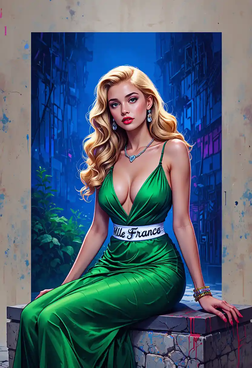 Confident blonde girl in green dress with sash