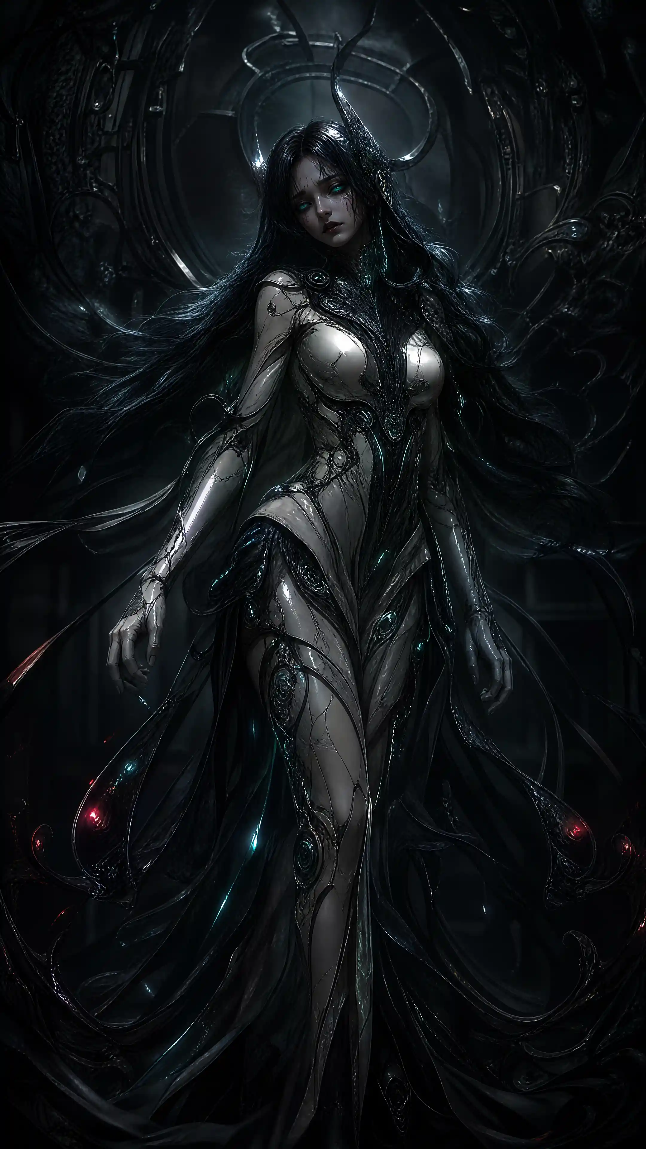 Sad cyber armored beauty with glowing unearthly eyes