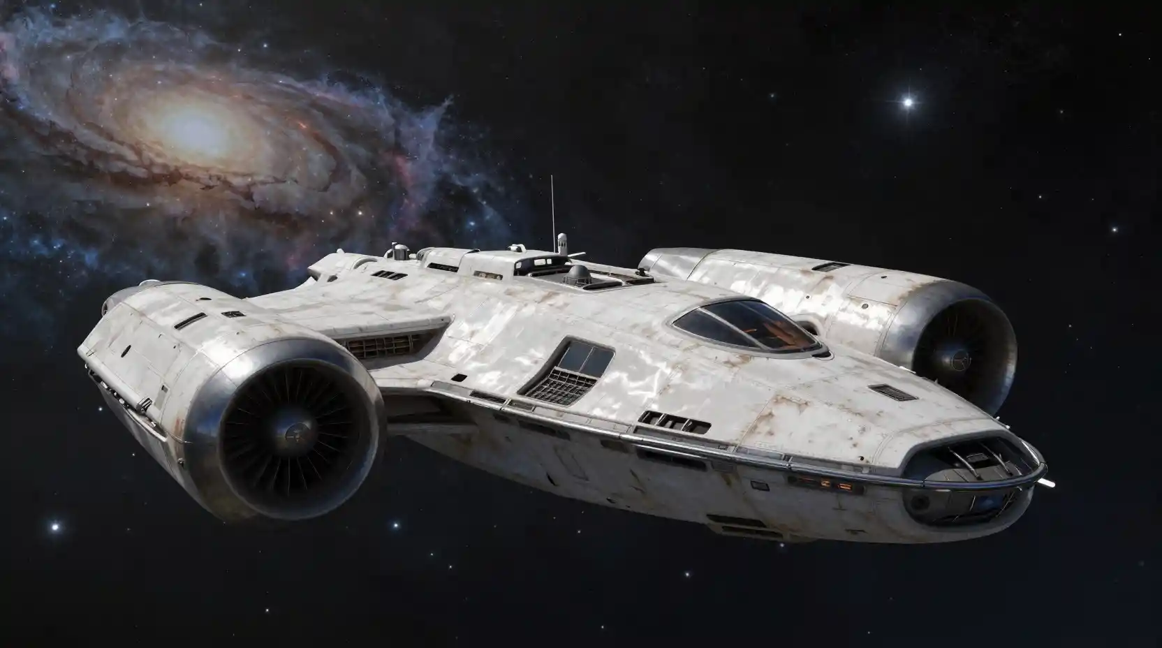 Angular sci fi freighter floating in deep starry space