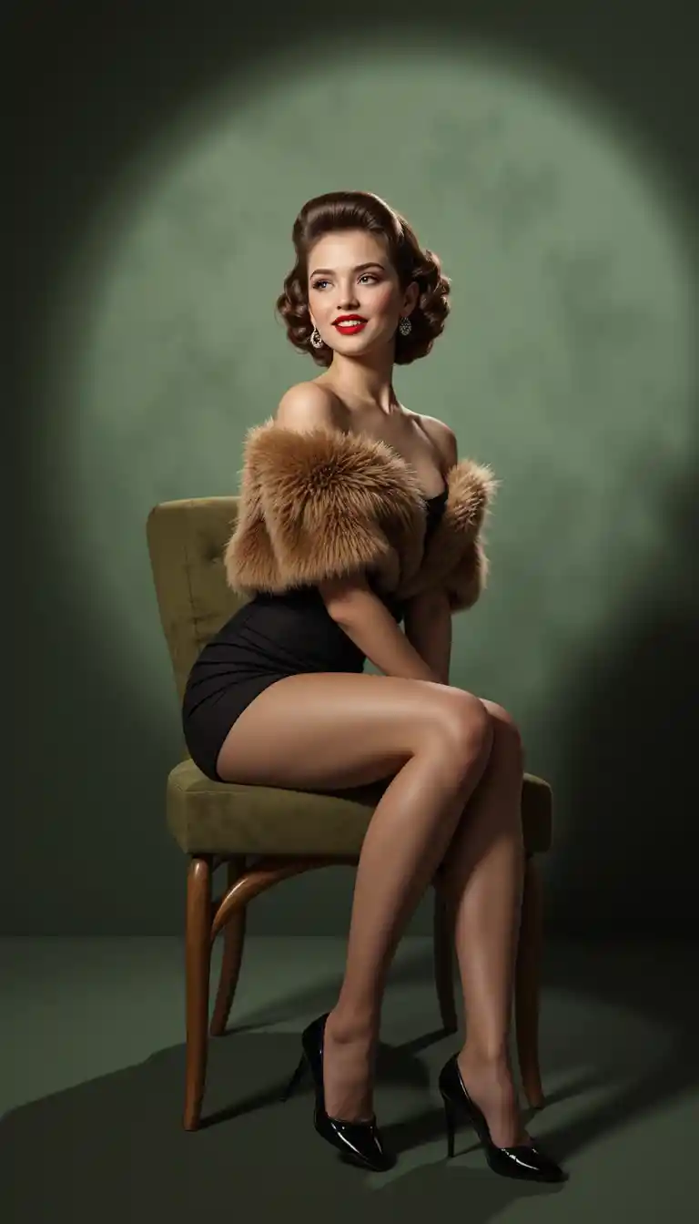 Vintage pin up woman on green velvet chair
