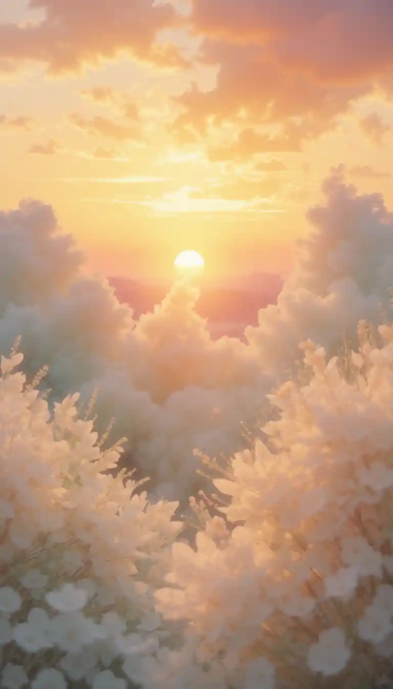 Serene glowing floral scene in soft pastel sunset colors