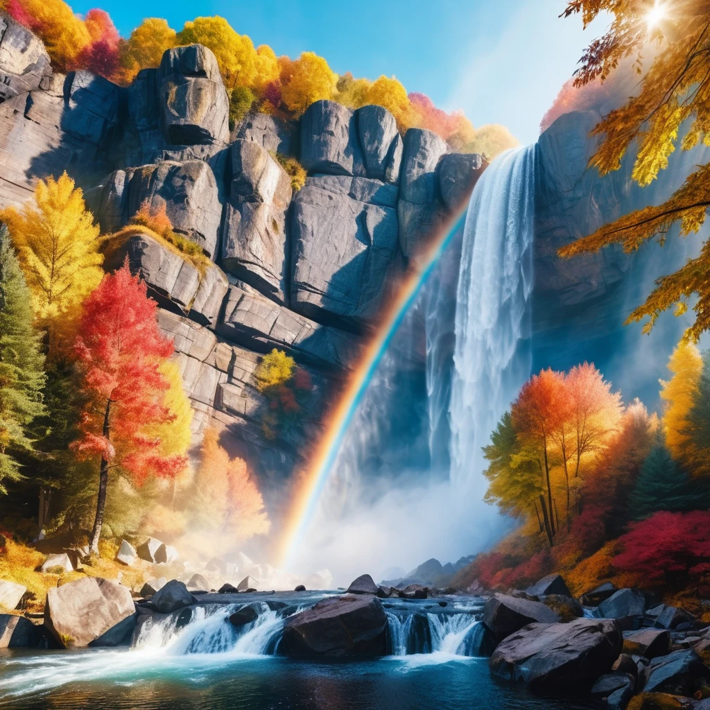 Mountain waterfall with rainbow mist in autumn forest