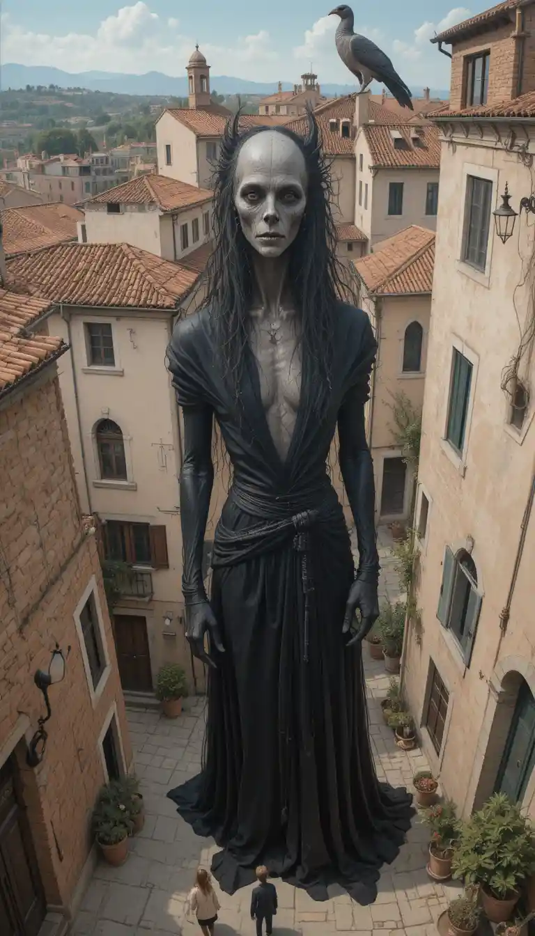 Mysterious Fantasy Creature Above A Retro Village Street