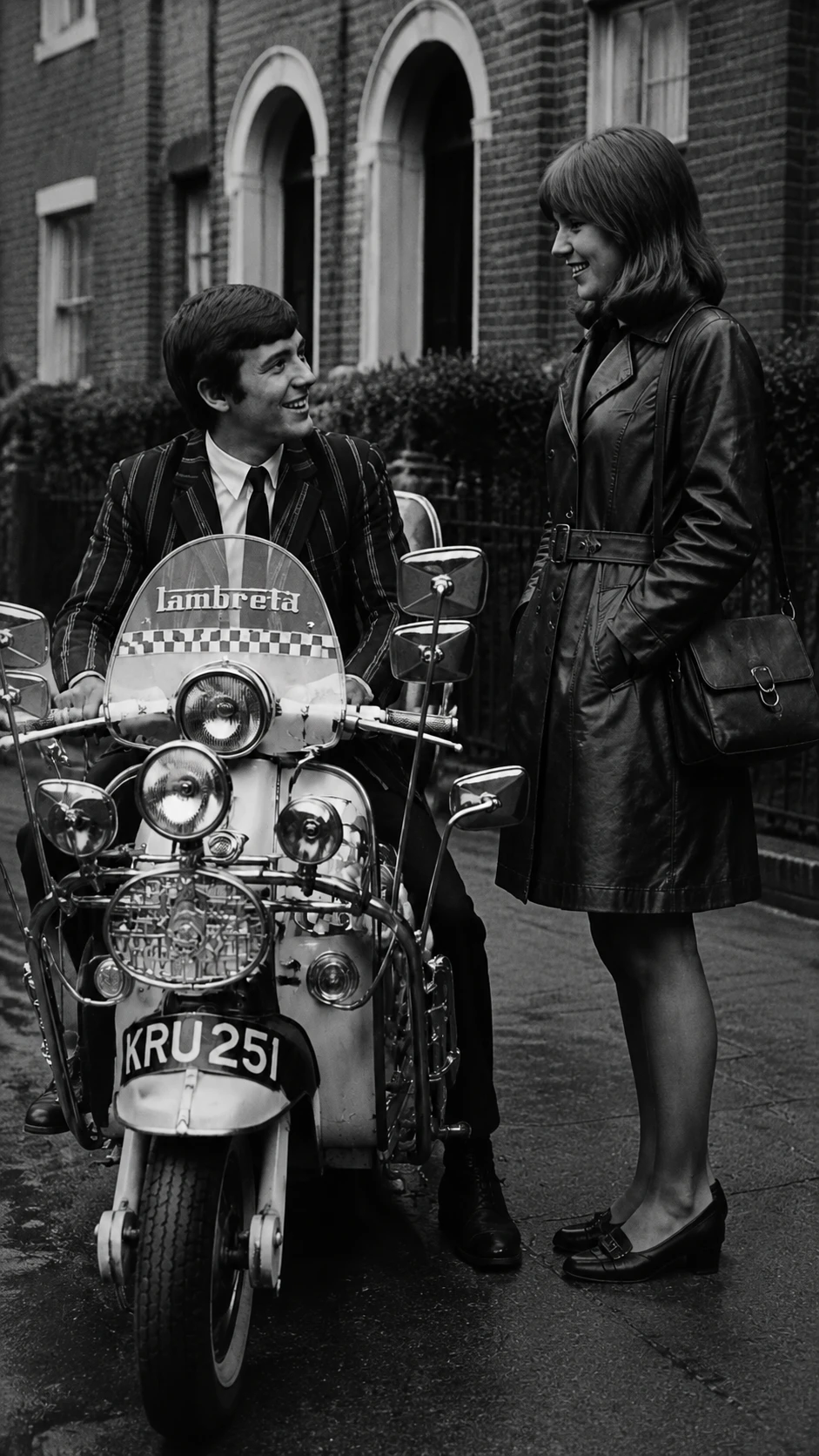 Young couple with Lambretta scooter on a vintage city street