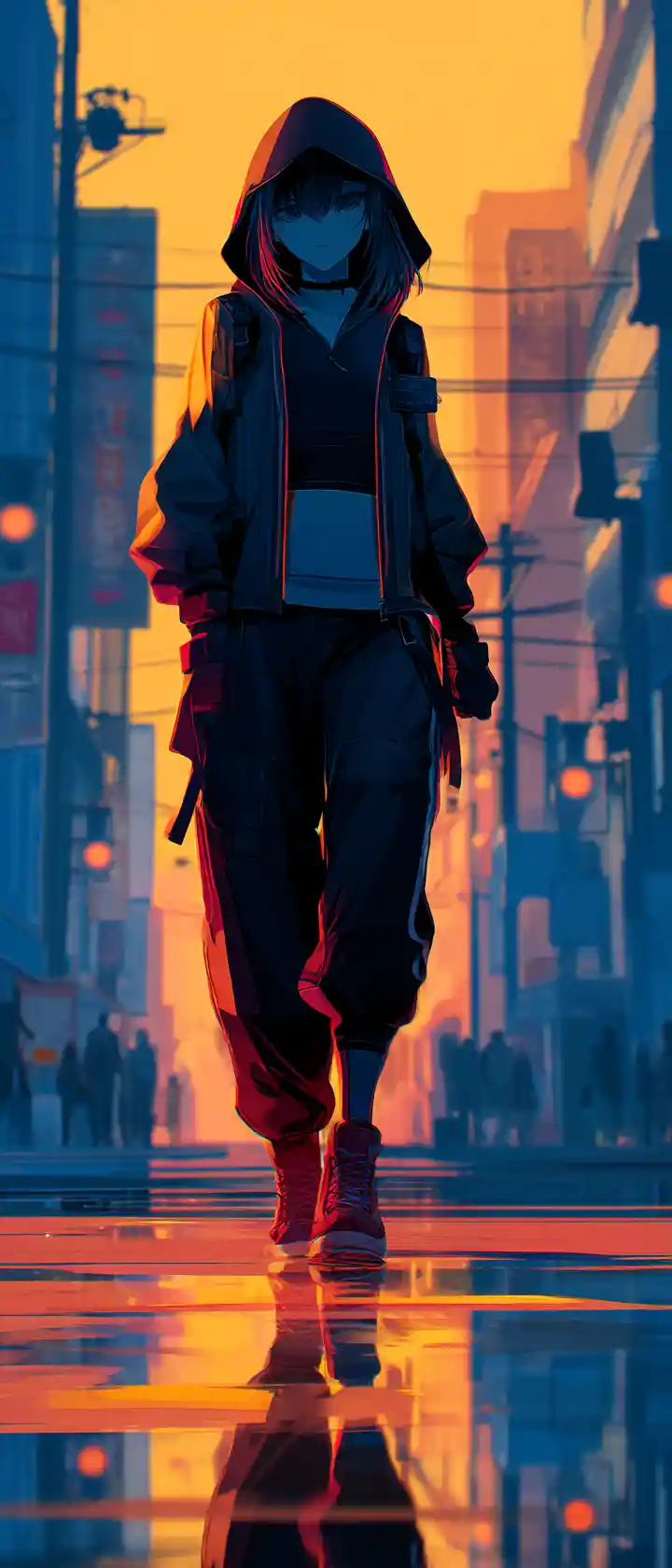 Anime thief walking through a glowing neon city night