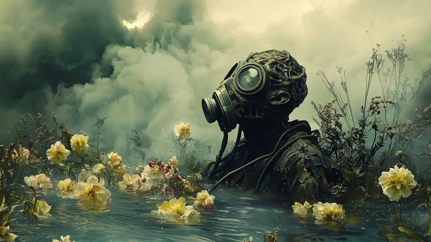 Surreal humanoid in gas mask in toxic dystopian landscape