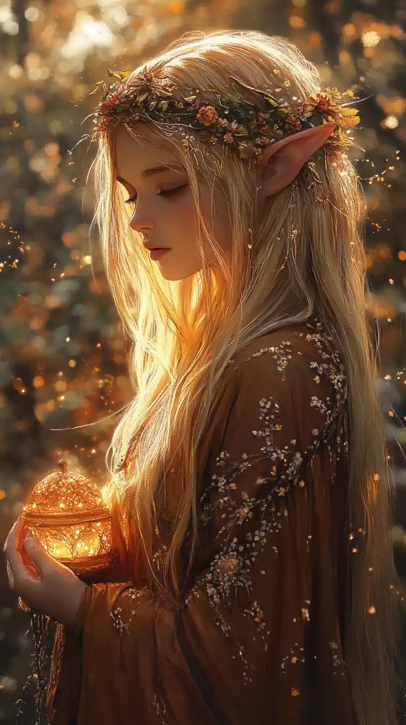 Elf girl with glowing lantern in a misty autumn forest