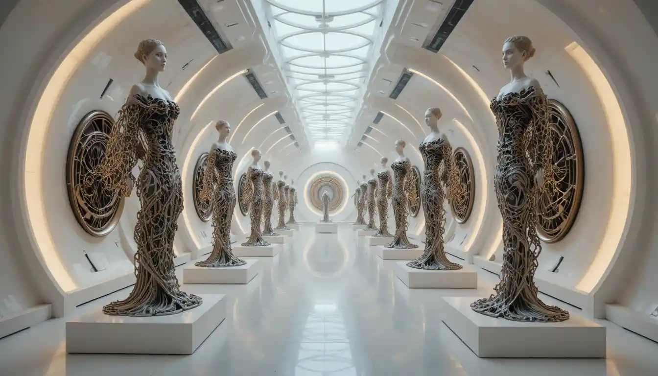 Futuristic gallery of abstract metallic sculptures with glowing walls