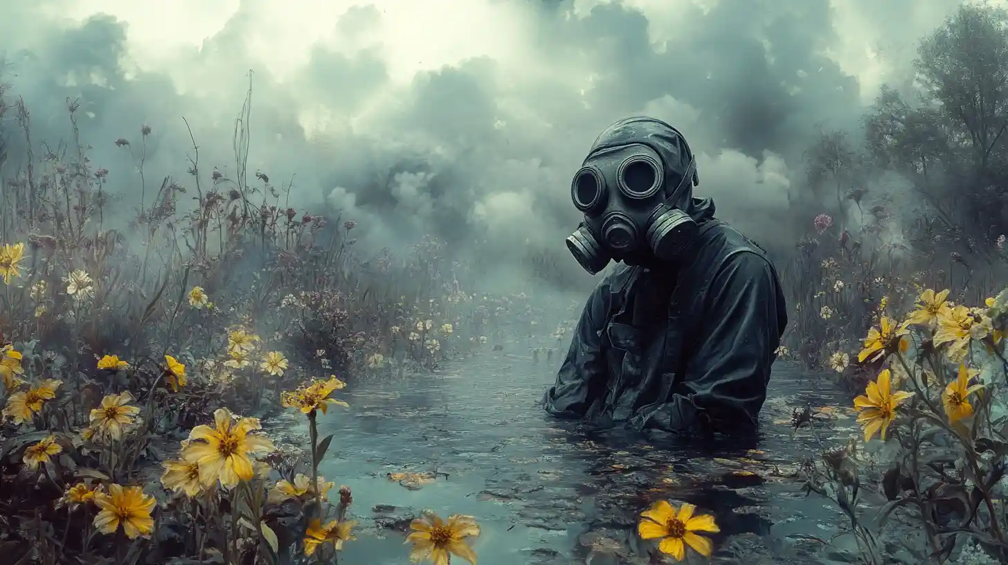 Surreal humanoid with gas mask in dystopian toxic landscape