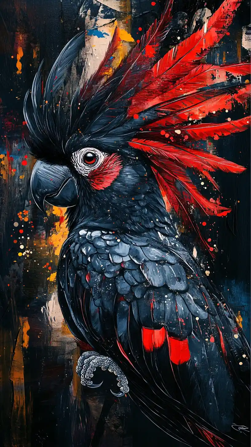 Surreal black cockatoo merging into layered abstract art