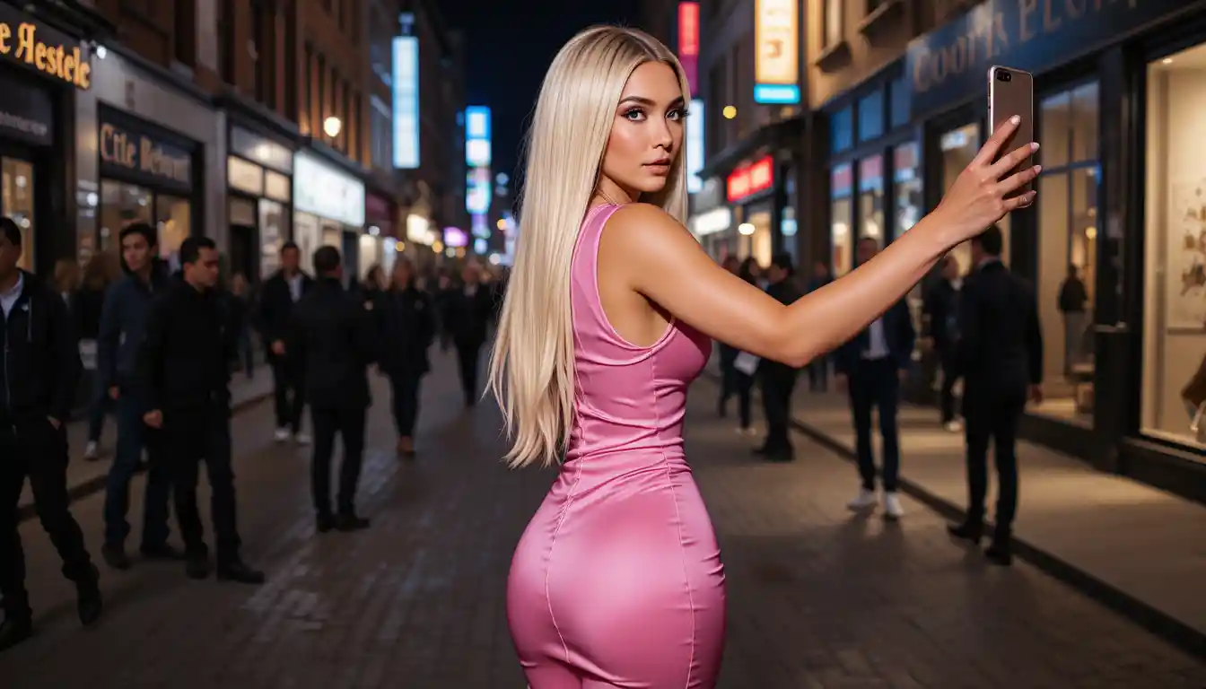 Blonde woman in pink tight dress on city street at night