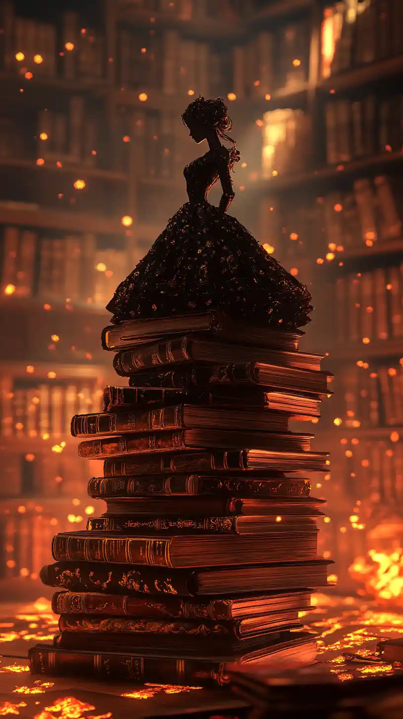 Stacked Book Silhouette In A Cozy Fantasy Library Glow