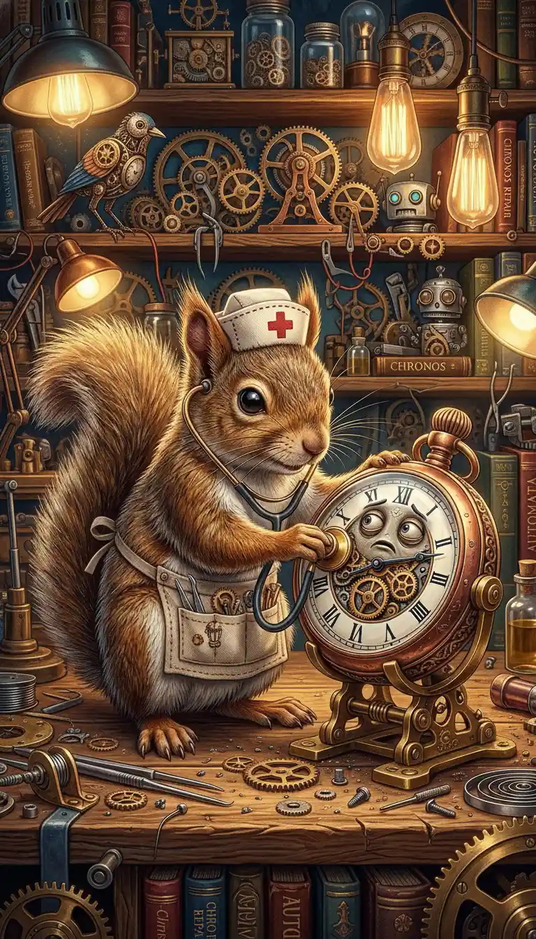 Whimsical Squirrel Nurse Tending A Sentient Pocket Watch