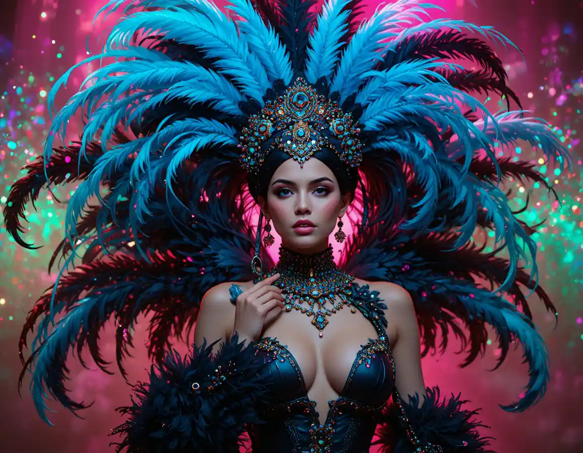 Confident woman in feathered carnival costume on vivid background