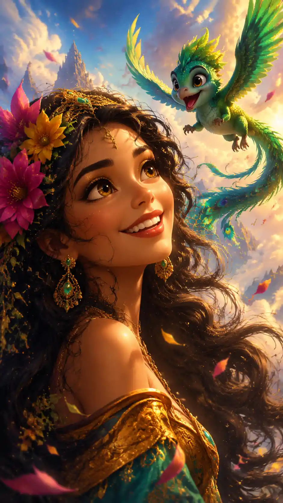 Smiling girl with hazel eyes and playful baby dragon