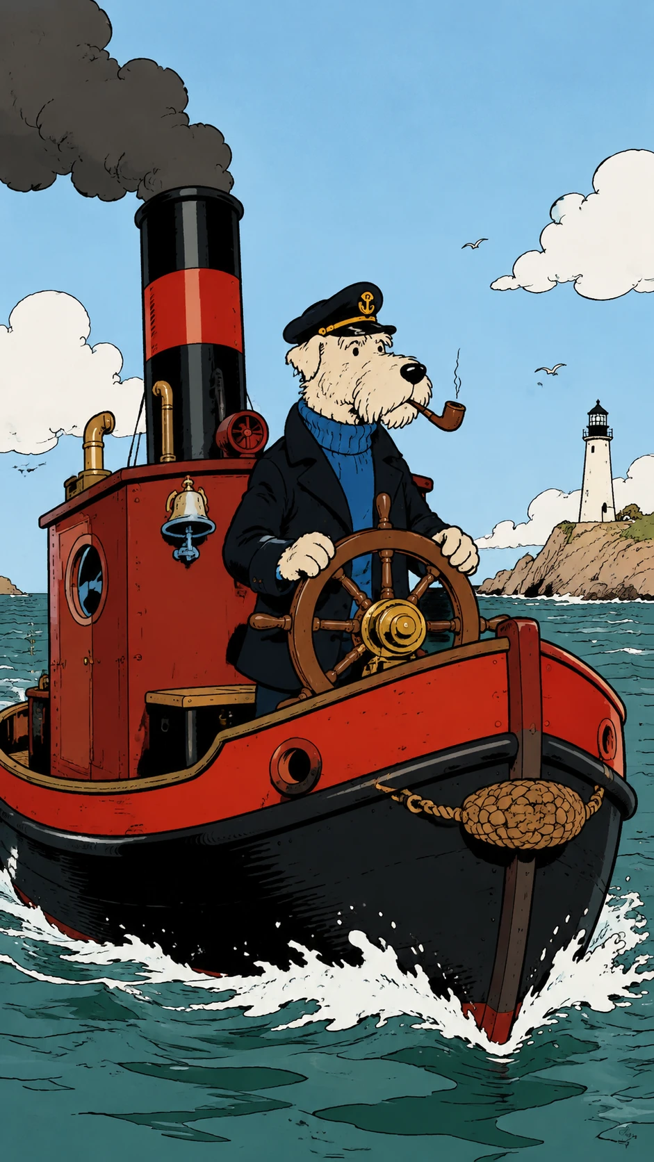Anthropomorphic sea dog steering a small red steamboat