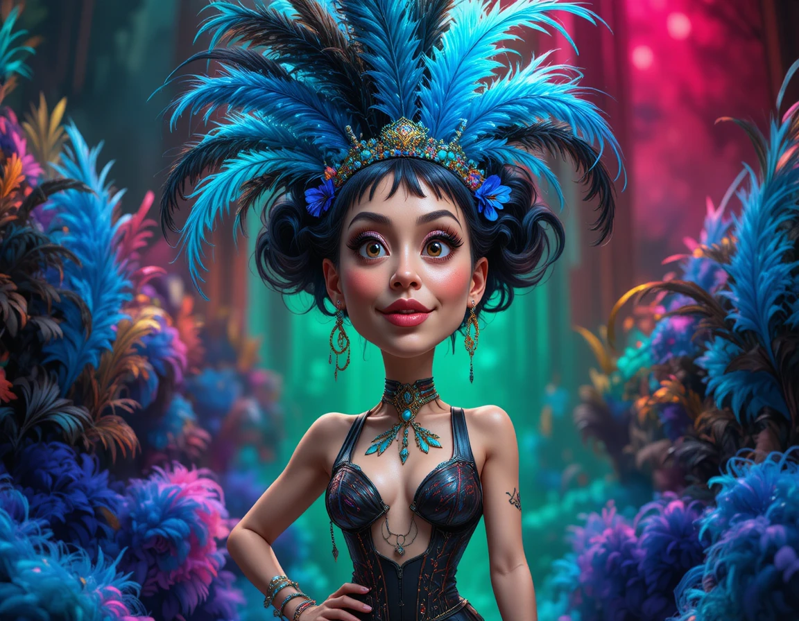 Carnival woman in feathered costume with colorful lighting
