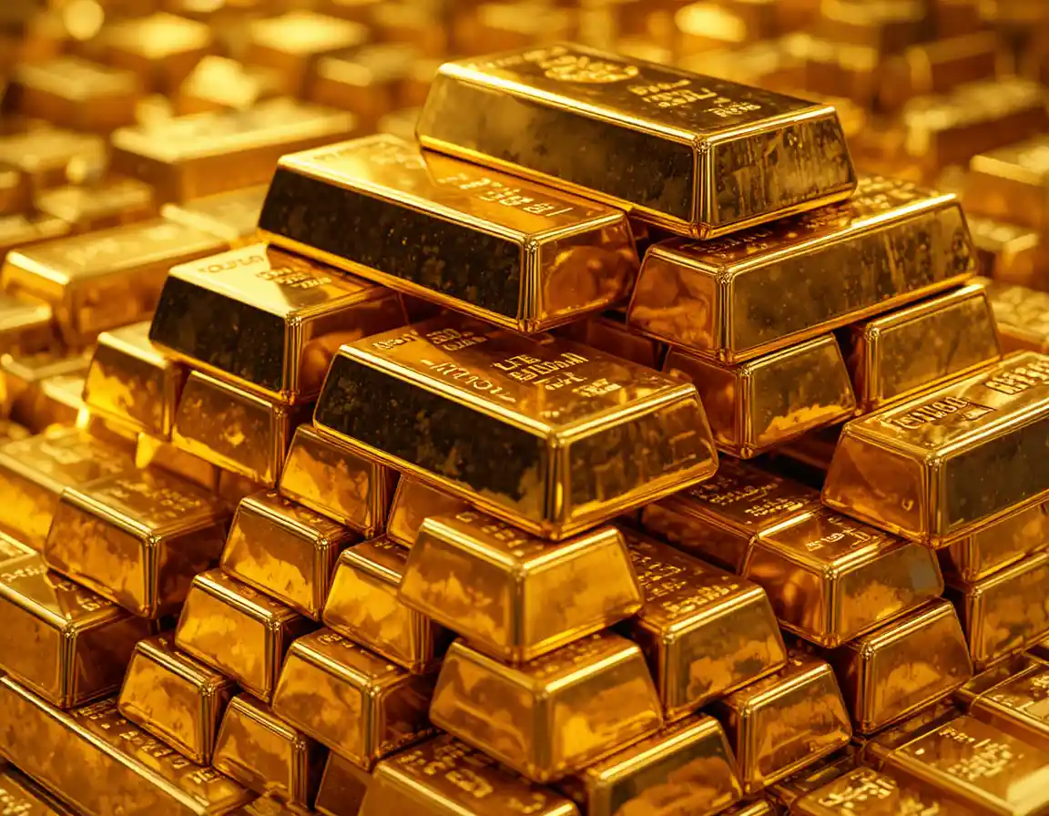 Gleaming stacked gold bars in a warm macro close up