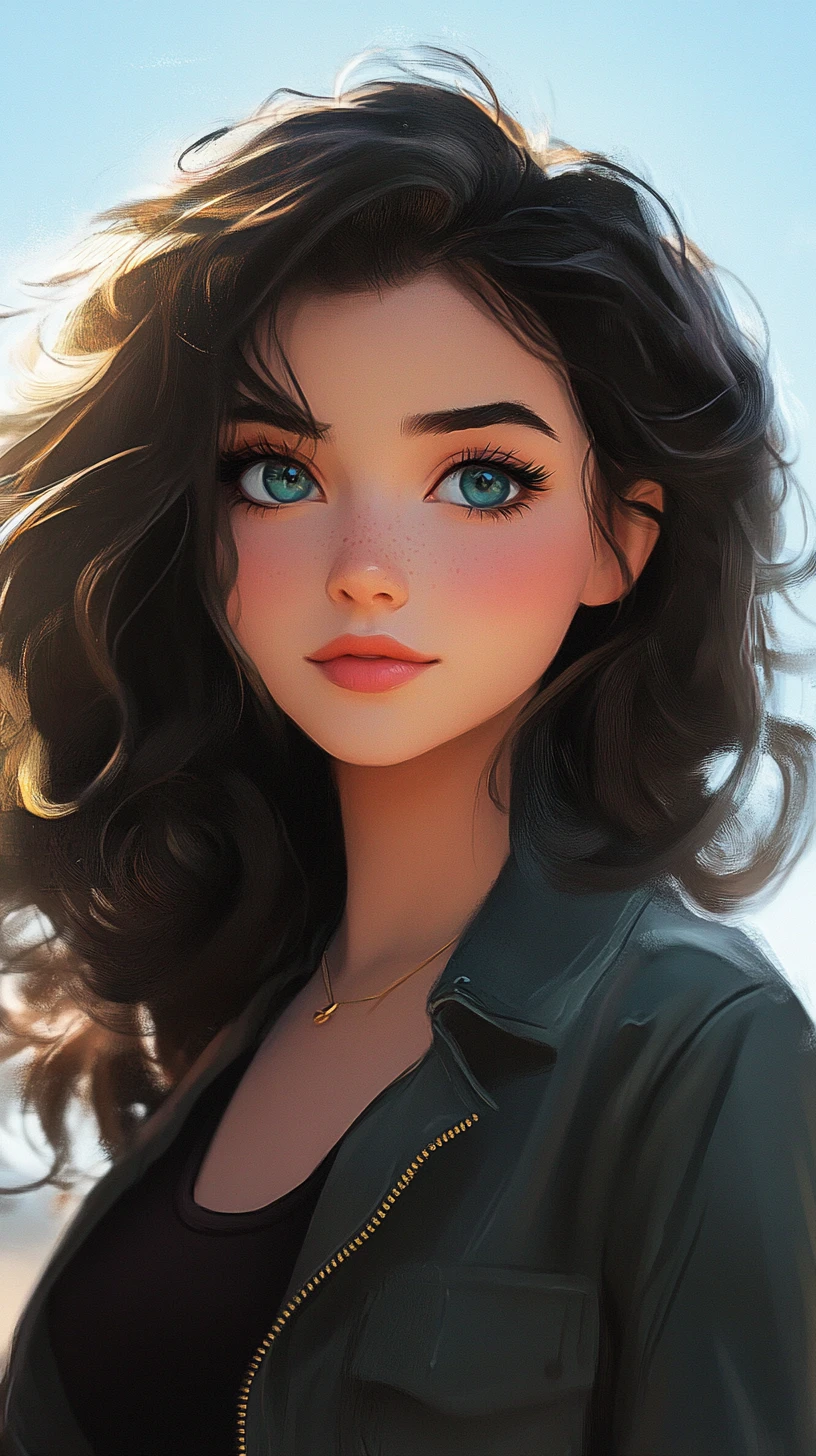 澄んだ青空の下のアニメ少女のポートレート