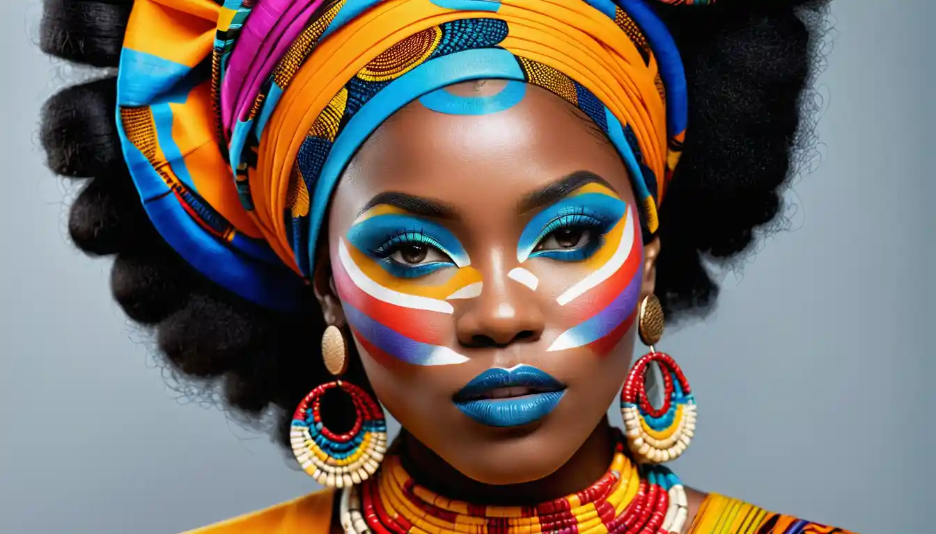 African woman in colorful makeup with circular double exposure portrait