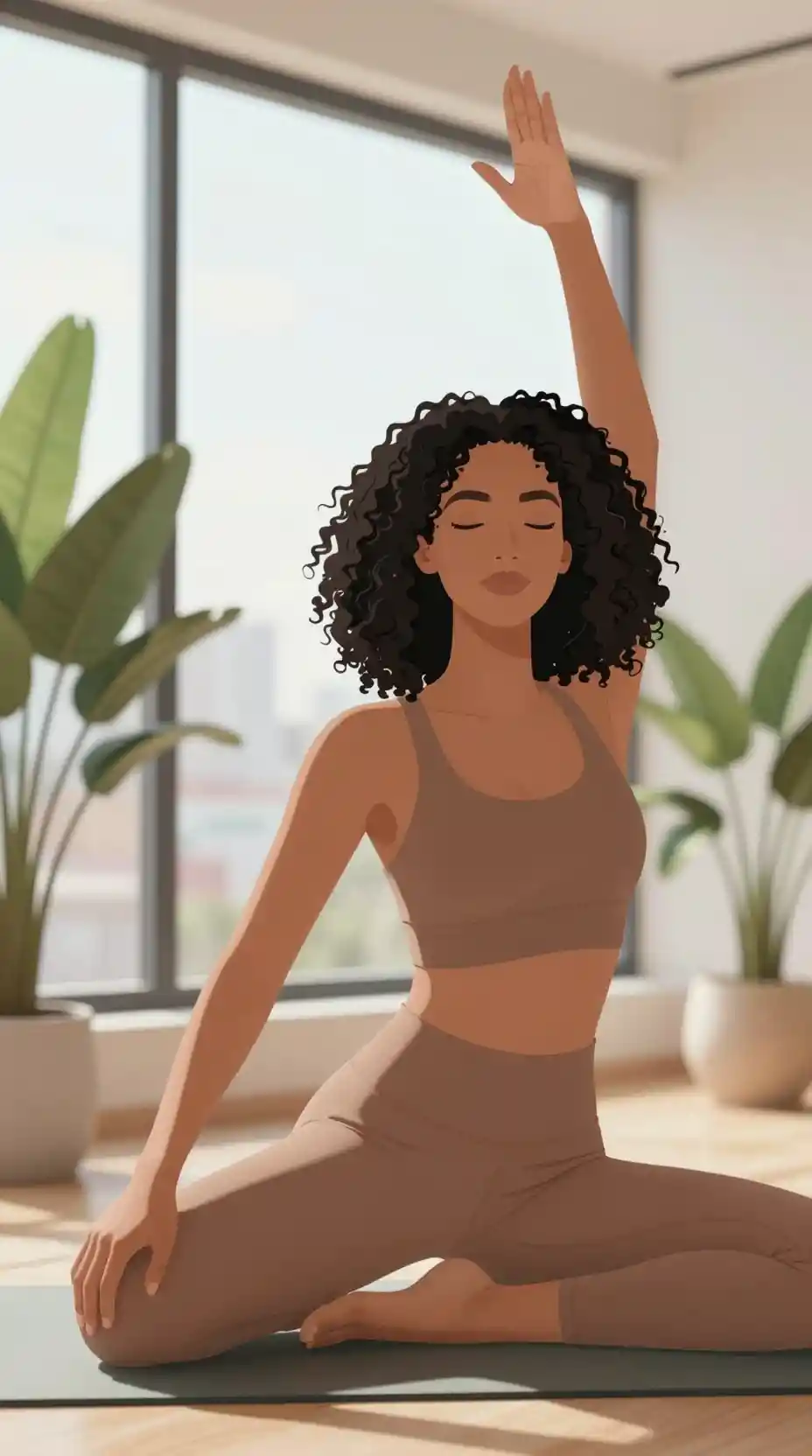 Woman holding a graceful yoga pose in a sunlit loft