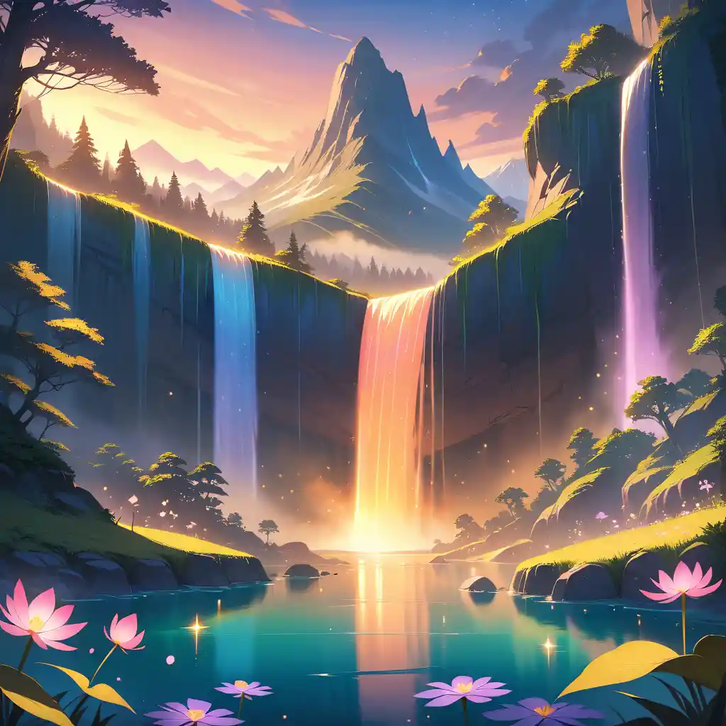 Magical fantasy waterfalls with glowing flowers at sunset