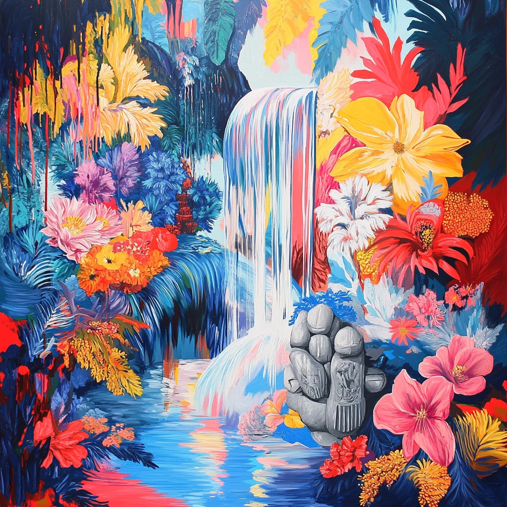 Vibrante cascada 3D de jungla que fluye desde un jarrón