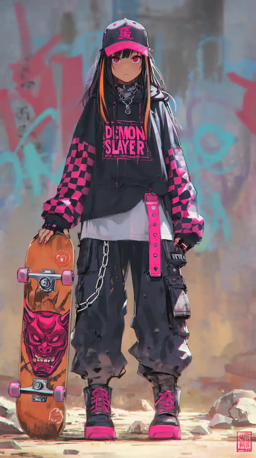 Anime streetwear girl with skateboard in urban alley