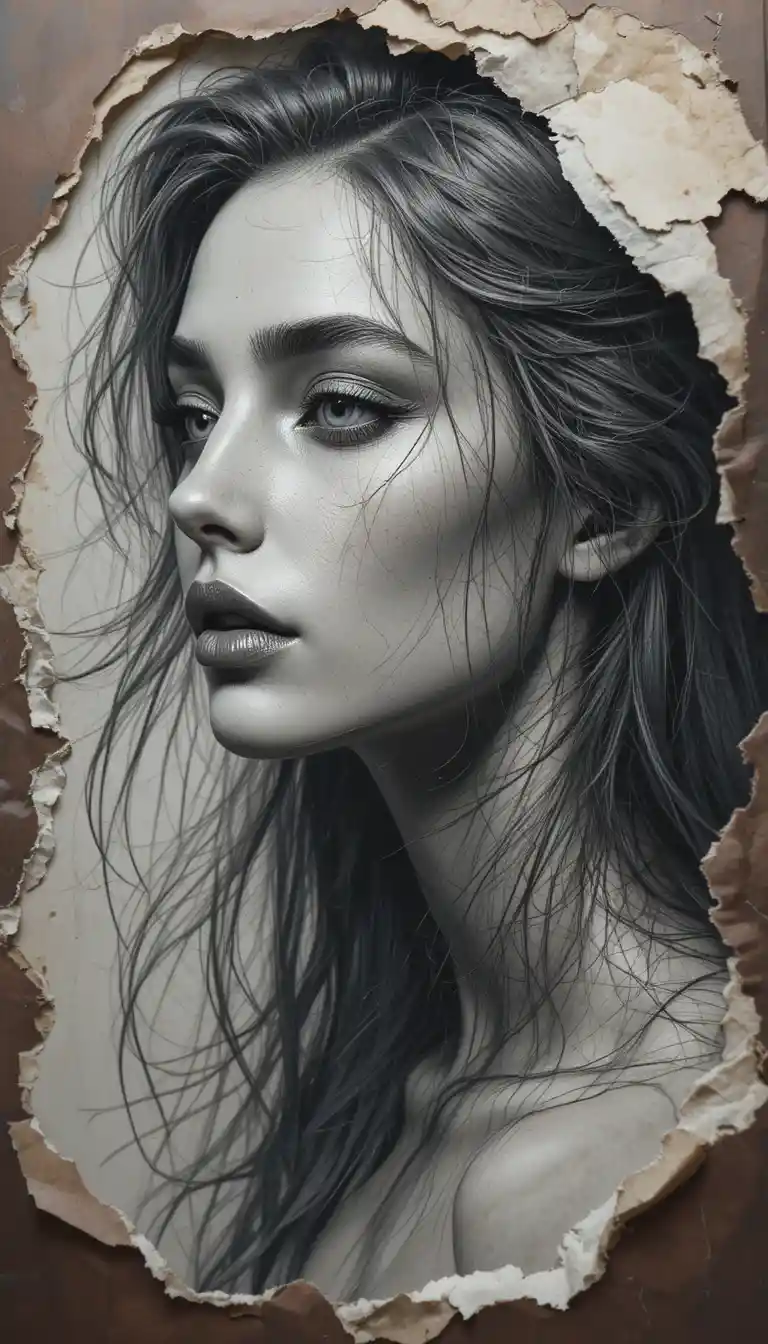 Charcoal mermaid portrait merging drawing and reality