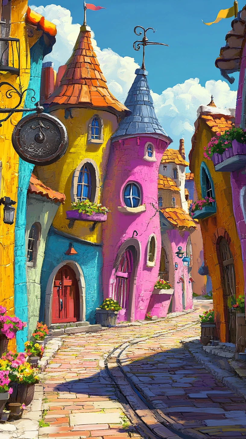 Colorful fantasy street with whimsical houses and towers